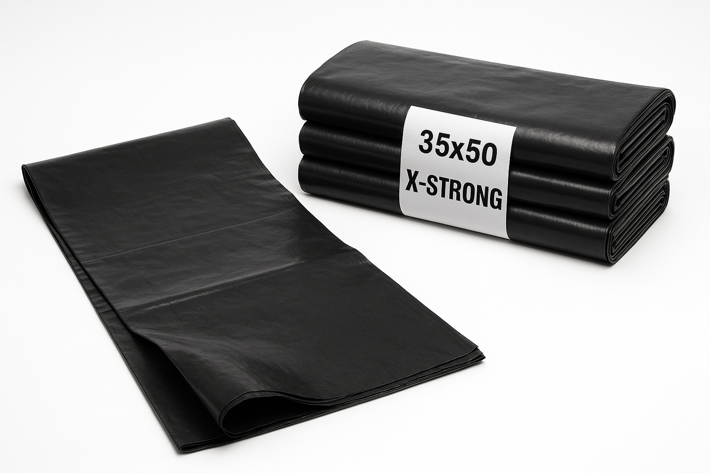 35x50 X-Strong Black garbage bags shown as folded stack with one partially unfolded