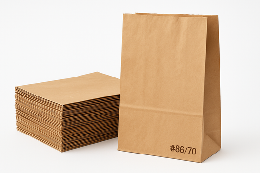 #86/70 Kraft paper grocery bags with one standing upright showing structure