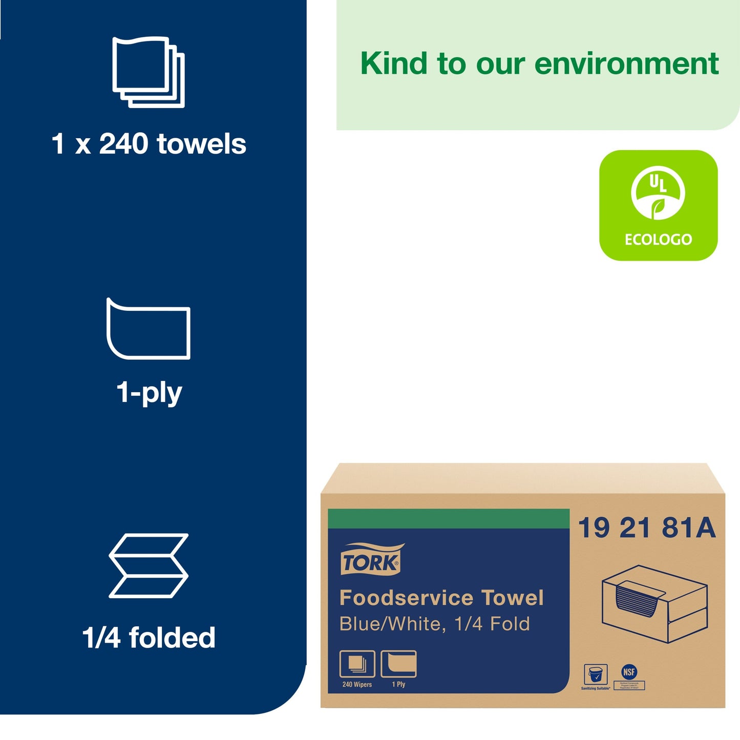 ork® 1/4 Fold Foodservice Cleaning Towel - 13" x 21" Blue/White