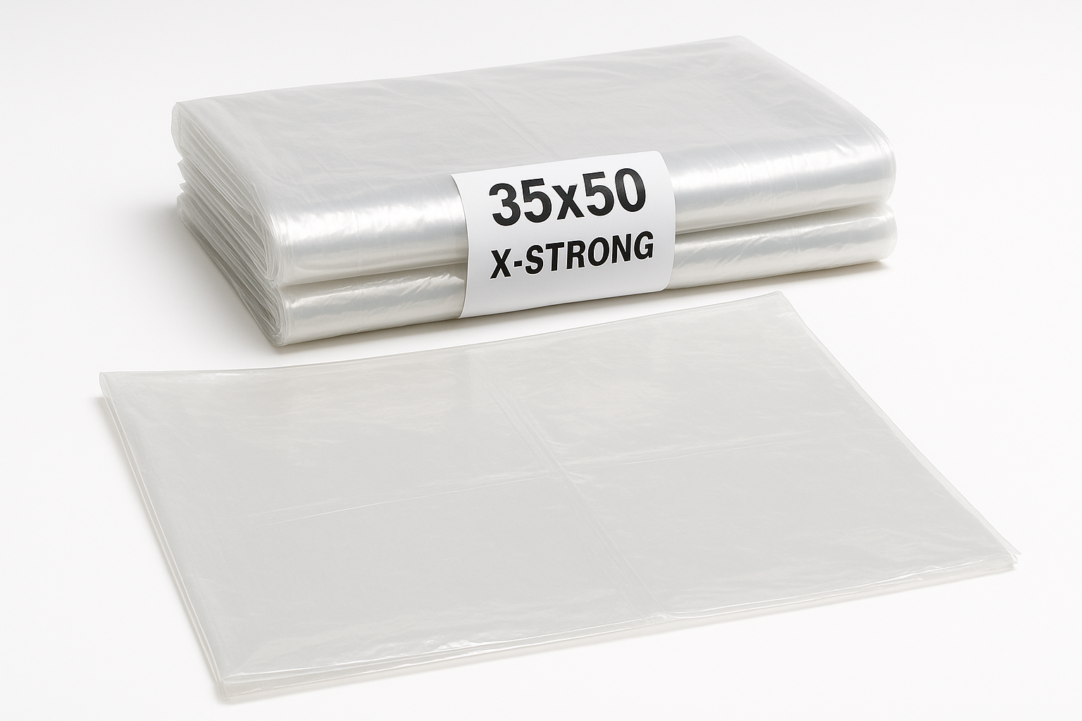 35x50 X-Strong Clear garbage bags shown as folded stack with one partially unfolded
