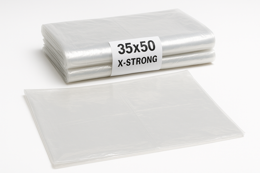 35x50 X-Strong Clear garbage bags shown as folded stack with one partially unfolded